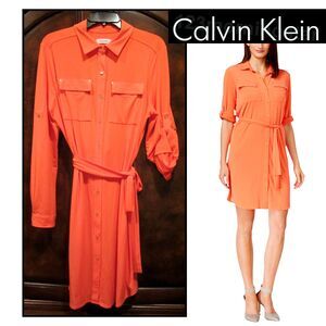 CALVIN KLIEN NWOT Indie Dopamine Ember Flap Pockets Roll-Up Sleeve Shirt Dress 6